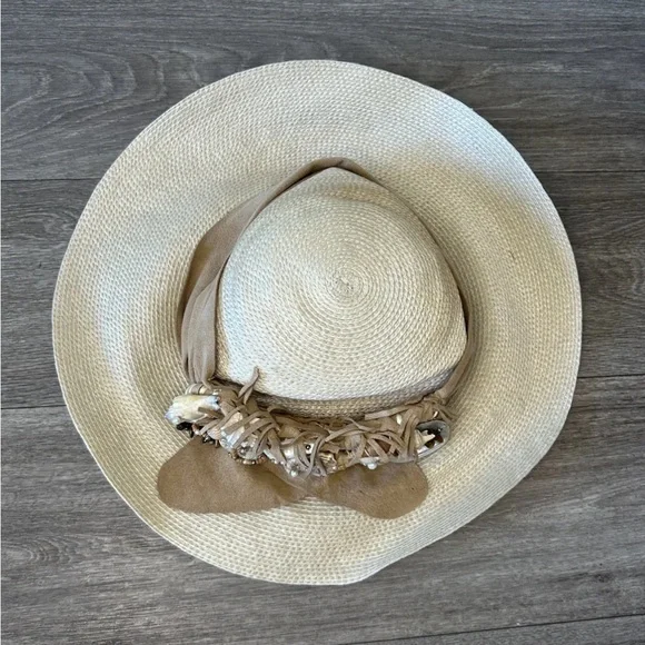 VTG Mermaidcore Straw Beach Sun Hat Shell Trim Boho Coastal Festival S/M - Picture 10 of 16